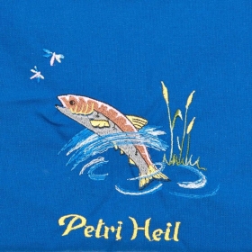 Blaue Sch�rze mit Motiv "Petri Heil"
