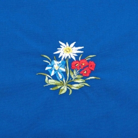 Blaue Sch�rze mit Motiv "1 Edelweiss/4 rote Blumen"