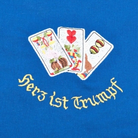 Blaue Sch�rze mit Motiv "Herz ist Trumpf"
