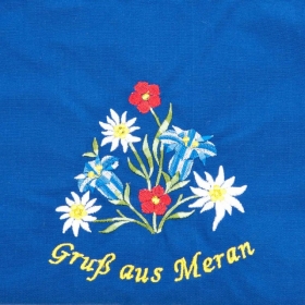 Blaue Sch�rze mit Motiv "Gruss aus Meran"