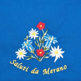 Blaue Sch�rze mit Motiv "Saluti da Merano"