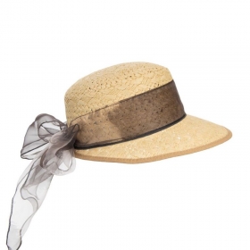HUTTER | Damen Strohhut mit breitem Schirm und braunem Band