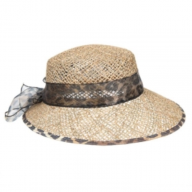 HUTTER | Damen Strohhut mit breitem Schirm und Animalprint Band